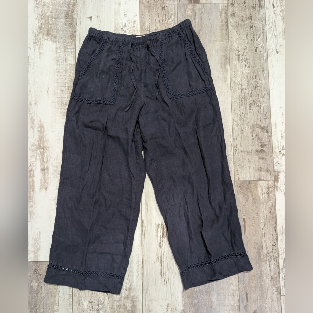 JOIE Pants Women’s M Blue‎ Linen Blend Cropped Wide Leg High waisted Elastic